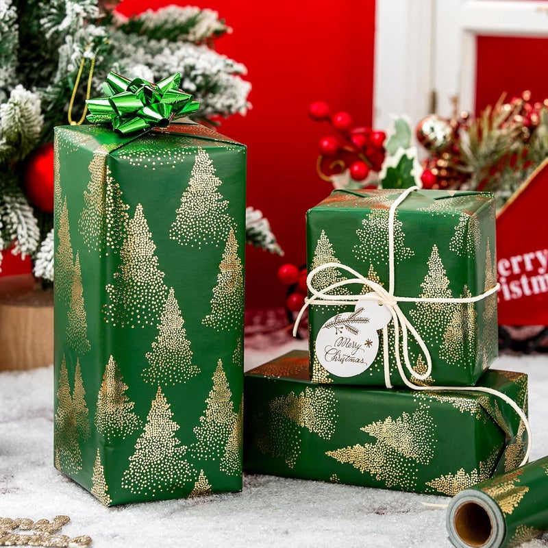 MAYPLUSS Christmas Wrapping Paper Roll, Green and Gold Tree Wrapping Paper, Gold Foil Christmas Tree Design Winter Holiday Gift Wrap Neutral for Gift Packaging, Festive Decoration (17 Inch X 33 Feet) - Image 2